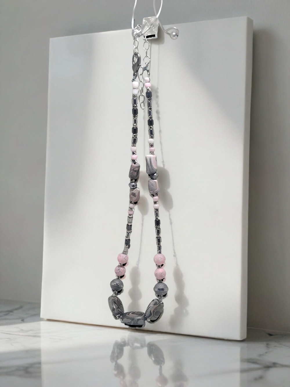 Handmade Pink and Gray Polymer Clay Beaded Necklace - Women Jewelry